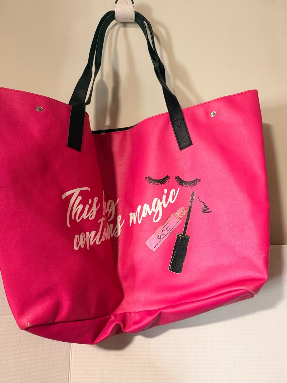 Bright Pink Cosmetic Print Tote with Black Handles